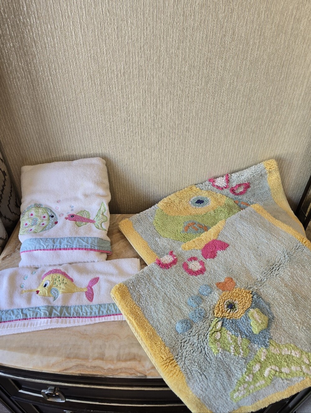 Pottery Barn Kids Fish Embroidered Bath Mat Towel Set in Yellow, Blue & Pink